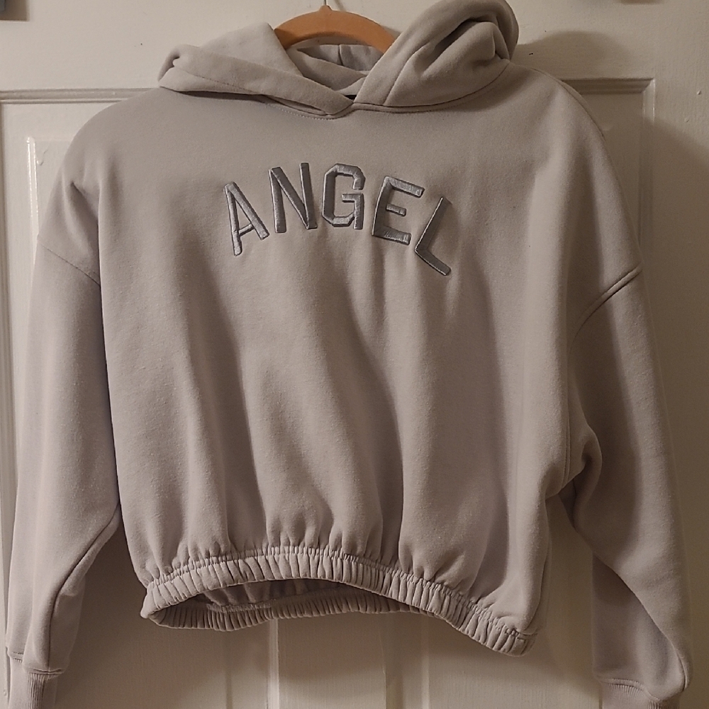 Forever 21 Size S Gray Hoodie with 'ANGEL' Embroidery Crop Waist
